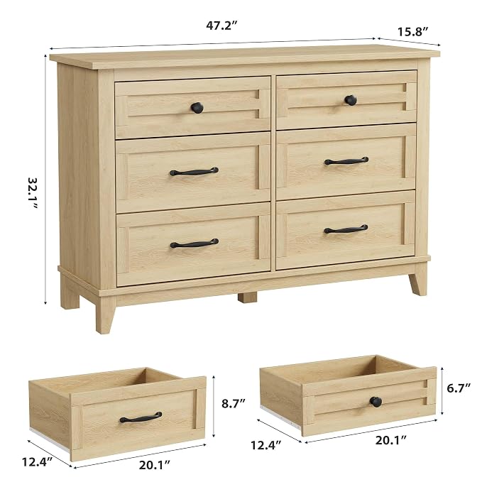 GarveeHome 6 Dresser for Bedroom, 47 in Wide Drawer Dresser with Storage Freestanding, Wooden Closet Storage Chest for Living Room, Bedroom, Entryway, Natural Oak