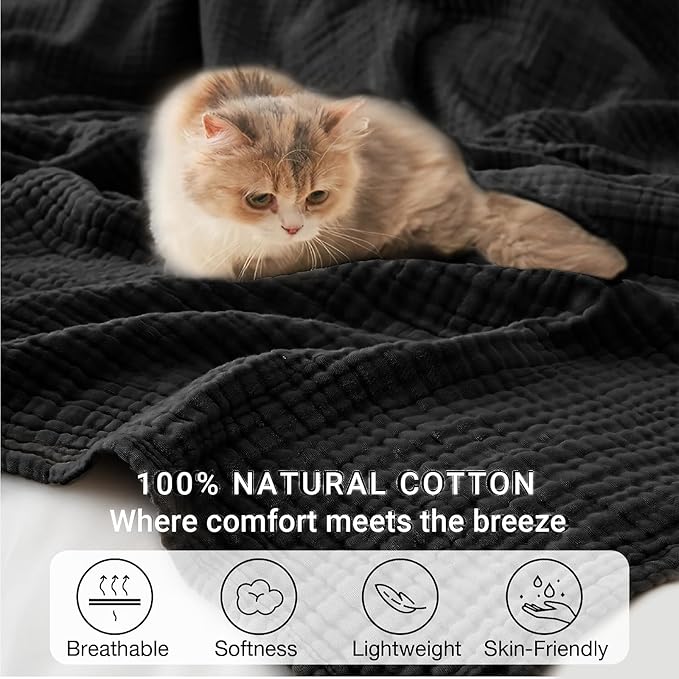 100% Cotton Muslin Blanket Large 50"x 70", 6 Layers Breathable and Lightweight Cotton Throw Blankets for Couch, Soft Cooling Summer Gauze Blanket for Adults All Season, Black