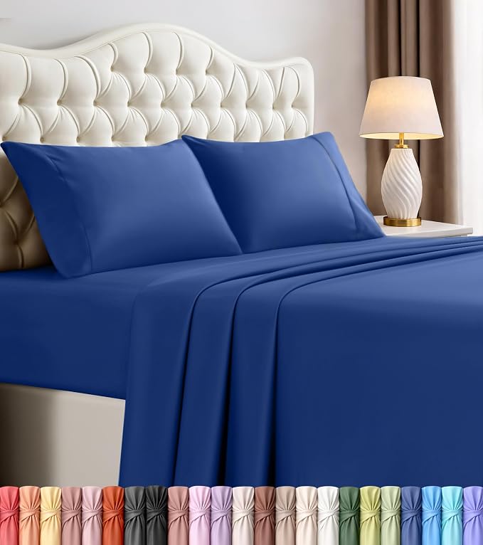 King Sheets Set, 4 Pieces 16" Deep Pocket Hotel Luxury Sheets, Royal Blue | Extra Soft Bedsheet Set, Comfy & Breathable Cooling Sheets, Wrinkle & Fade Resistant, Fitted Sheet, Flat Sheet, 2 Pillowcases