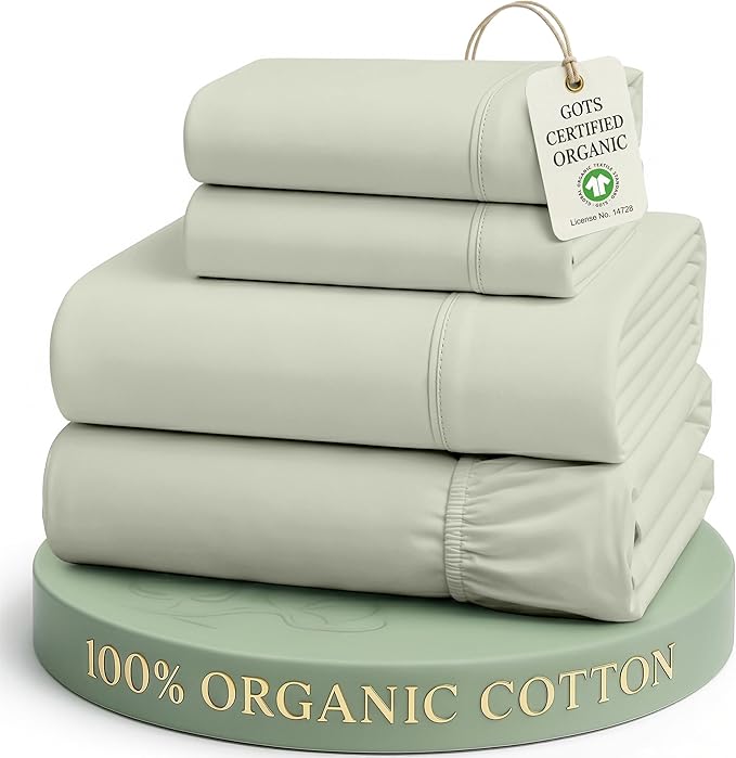 Lane Linen Queen Sheet Set 100% Organic Cotton Percale Cooling - Mineral