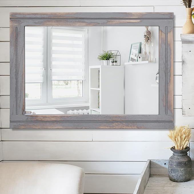 AAZZKANG Wood Framed Mirror Rectangular Rustic Wall Mirrors Decorative Large 26"x18" for Farmhouse Bathroom Living Room Bedroom Grey