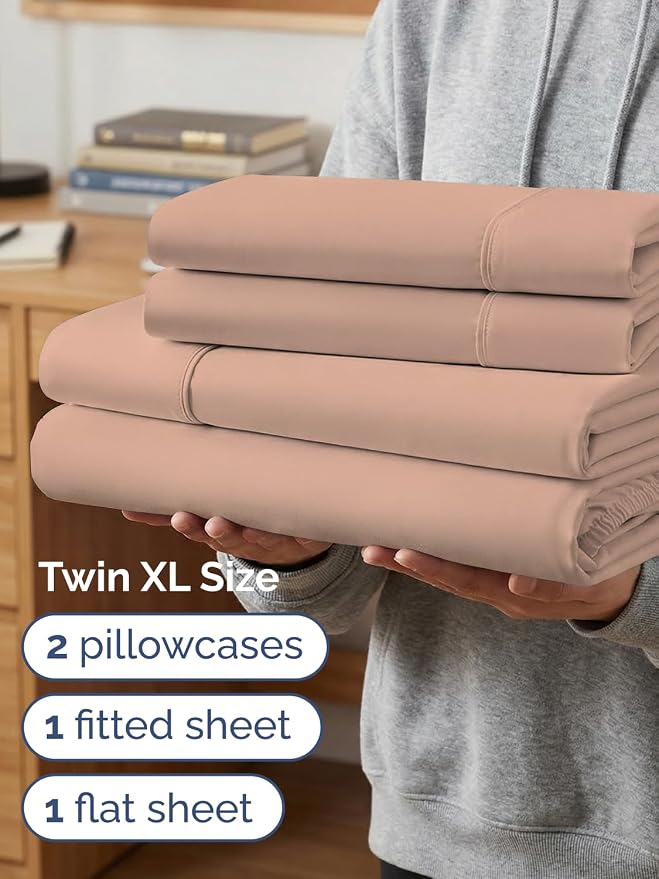 Extra Deep Twin XL Sheet Set - 4 Piece College Dorm Room - Mauve | College Dorm Room Essentials, Easy & Secure Fit, Ultra-Soft, Wrinkle & Fade Free, Comfy Sheets Set with Extra Deep Pockets