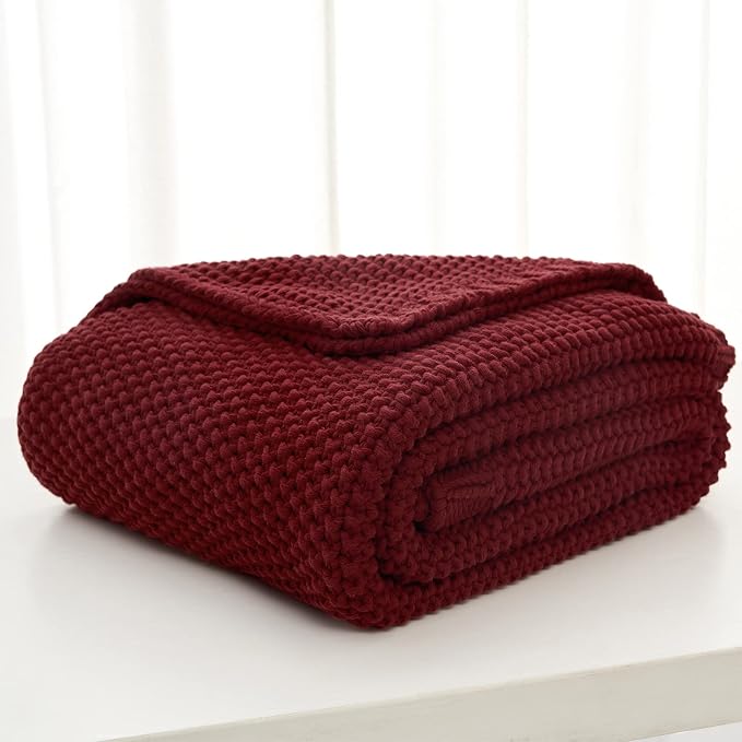 Chunky Cable Knit Throw Blanket Lightweight Burgundy 100% Organic Cotton Blanket for Sofa Couch Bed Baby Nursery, Rustic Shabby Chic Modern Farmhouse, 51” x 63” Give Laundering Bag