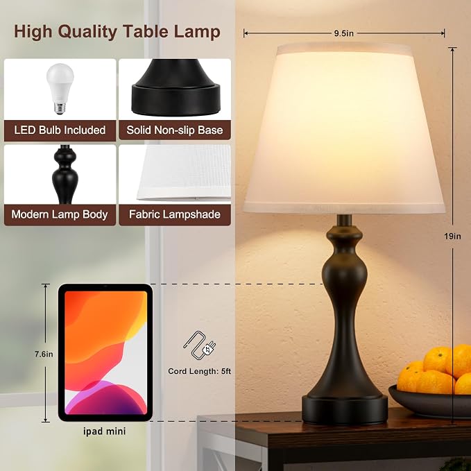 Touch Lamps for Nightstand, 3 Way Dimmable Bedside Lamps with USB C+A Ports | Touch Control, LED Bulb Included, Small Black Table Lamp for Bedroom, Night Stands, End Table, Gift，Corded，White Shade