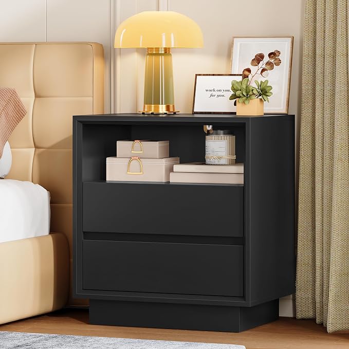 TEENFON Night Stand with 2 Drawers and Open Shelf, Nightstand Bedside Table with Cut-Out Handle, End Table for Bedroom, Black, 17.7″ L × 15.7″ W × 23.6″ H