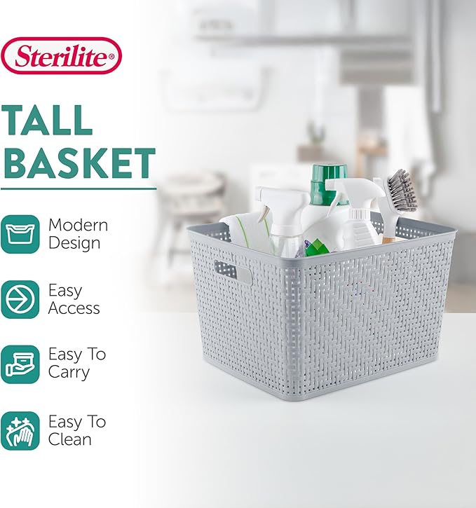 Sterilite 12 Pack Plastic Storage Bin Organization Containers, Tall Baskets, Cement