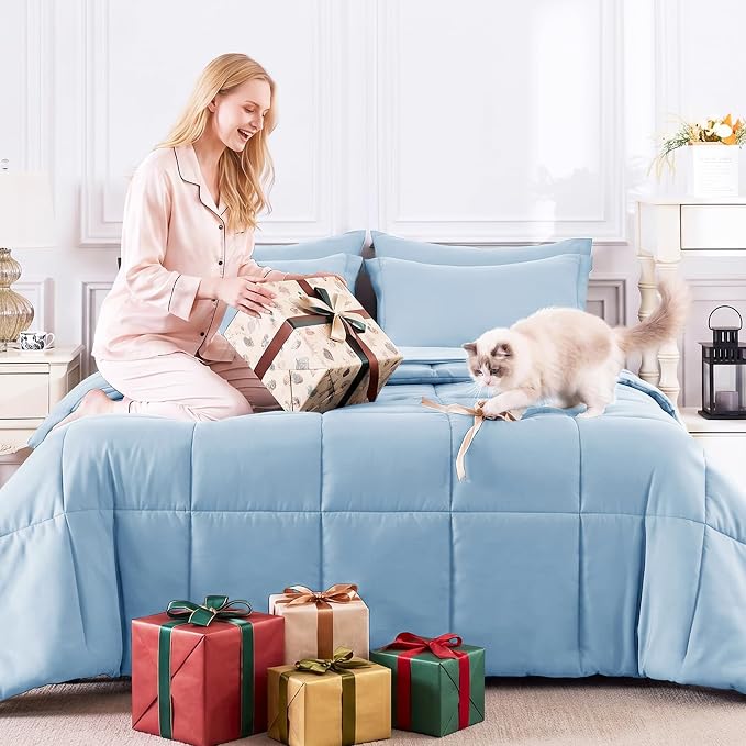 Full Size Comforter Sets, 7-Piece Bed in a Bag, Baby Blue | OEKO-TEX Certified, Box-Stitched Design, 240 GSM Down Alternative Fill, All-Season Comfort, Sheets, Pillowcases & Shams