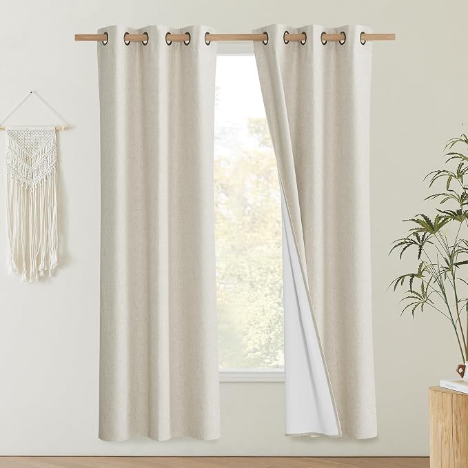 NICETOWN Natural Blackout Curtains for Bedroom 42" Wide x 72" Long 2 Panels | Full Blackout Linen Curtain Panels Thick Insulated Classic Grommet Draperies with White Thermal Insulated Liner for Windows