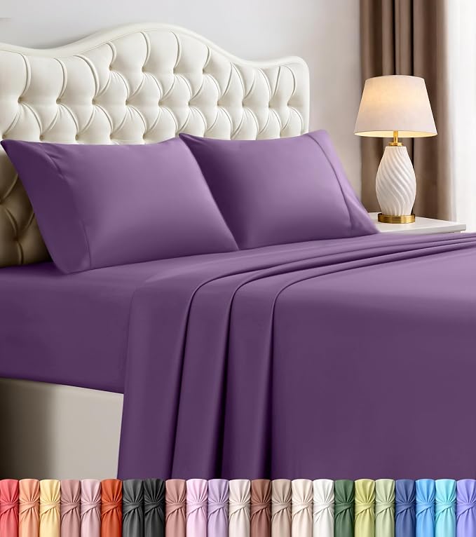 California King Sheets Set, 4 Pieces 16" Deep Pocket Bed Sheets, Egg Plant | Extra Soft Bedsheet Set, Comfy & Breathable Cooling Sheets, Wrinkle & Fade Resistant, Fitted Sheet, Flat Sheet, 2 Pillowcases