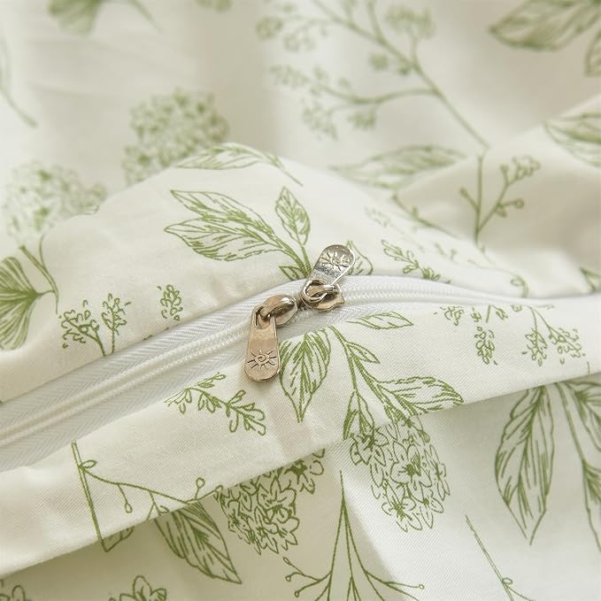 mixinni 3pcs Girls Boho Green Floral Duvet Cover Set King Size Cotton Soft Aesthetic Cute Flowers Leaves Pattern Bedding Comforter Cover, 1 Queen Duvet Cover with 2 Pillowcases for All Seasons