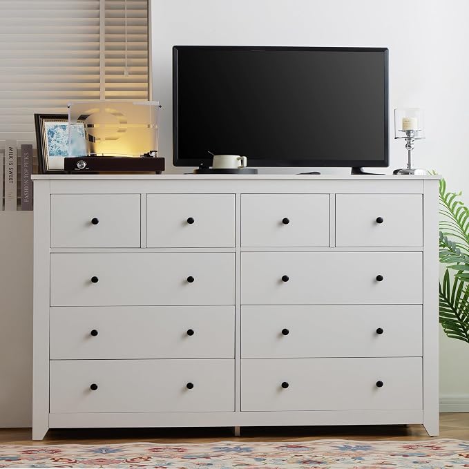 EnHomee White Dresser for Bedroom with 10 Drawer, Multi-Layer Organization | Modern Wood Chest, 52"W TV Stand Versatile for Living Room Entryway Closet, Metal Frame and Handles, Smooth Glides, Anti-Tip
