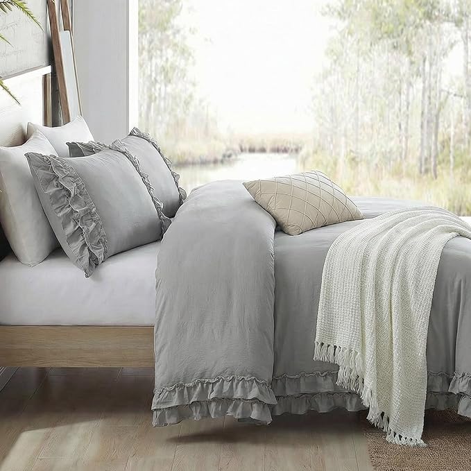 Bedorm Gray King Duvet Cover Set Ruffle Bedding Set Pleat Ruffled Shabby Chic Comforter Cover Extra Soft & Easy Care Gray Boho Duvet Cover with Zipper Closure