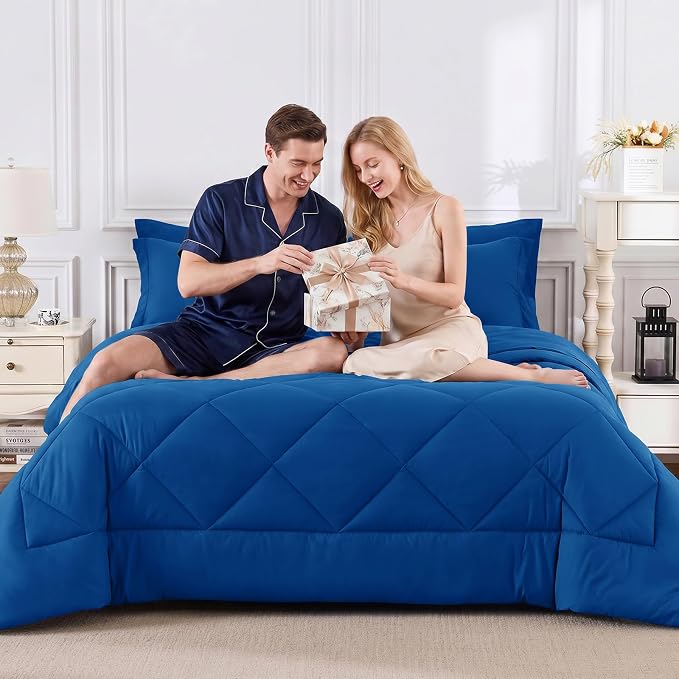 Oversized King Comforter Set Classic Blue - 7 Pieces Bed in a Bag | OEKO-TEX Certified, All Season, 240GSM Down-Alternative Comforter, Sheets, Pillowcases & Shams, 14" Deep Pocket, Easy Care