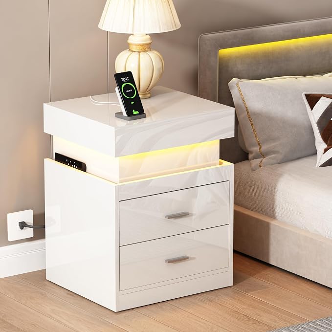 ChooChoo LED Nightstand Set of 2,Smart Night Standwith Charging Station and Sliding Top Storage, White | Sliding Top Storage, 2-Drawers, High Gloss Bedside Table, Modern End Table, Bedroom,White
