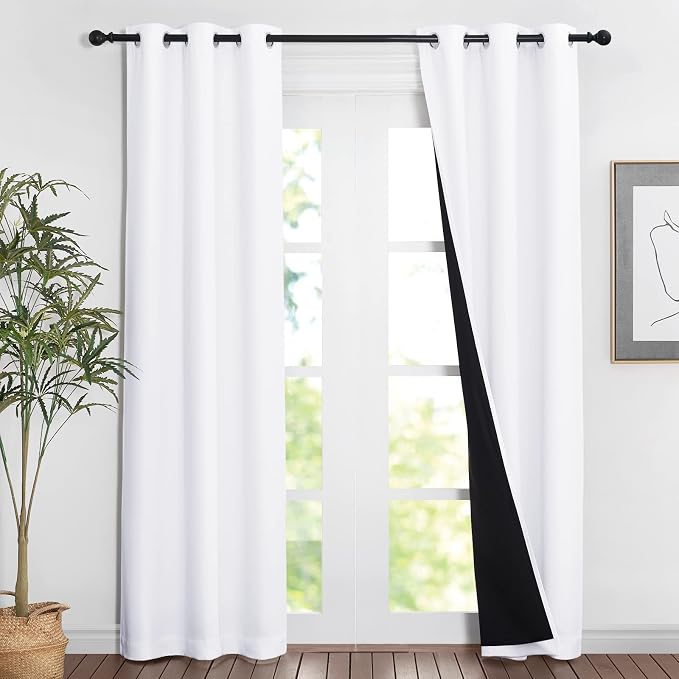 NICETOWN White Blackout Curtains for Nursery 37" Wide x 80" Long 2 Panels | Full Light Blocking Drapes with Black Liner for Doorway, Noise Reducing Room Darkening Thermal Insulated Draperies Decor