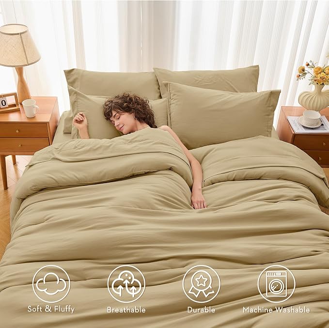 7 Pieces King Comforter Set, Soft Bed in a Bag King Size, All Season Bedding Set with Comforter, Flat Sheet, Fitted Sheet, Pillowcases & Shams, Khaki