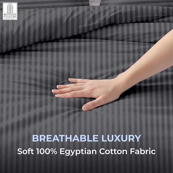 Kotton Culture 120"x98" 3 Pc Oversized King Duvet Cover Set 100% Egyptian Cotton - 600 Thread Count, Zipper Closure & Corner Ties - Fits Large King Inserts (Oversized King,Striped Dark Grey)