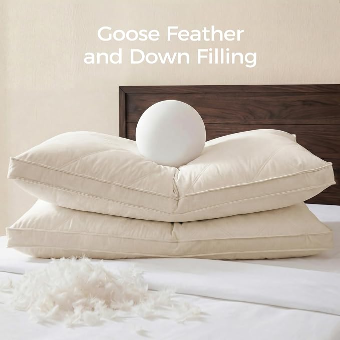 puredown® Goose Feathers and Down Pillows, 100% Organic Cotton Cover, Gusseted Pillow for Sleeping Hotel Collection Bed Pillows, Queen, Set of 2