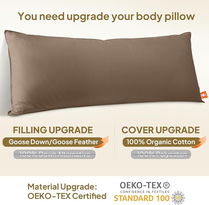 Goose Down Body Pillows for Adults, Large Body Pillow for Side Sleeper, Hugging Feather Body Pillow Insert, Cooling Full Length Long Pillow for Bed with 100% Organic Cotton Shell, 20"x72"