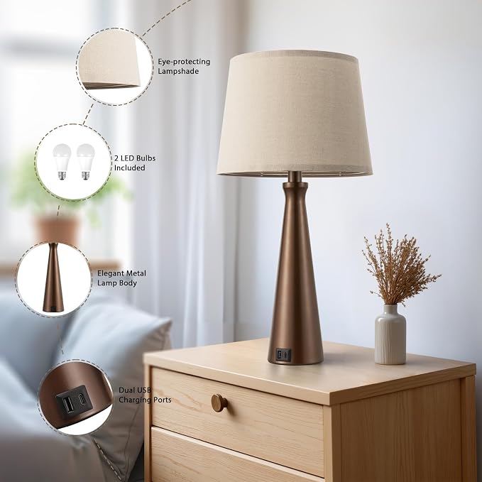 Modern Touch Lamps for Nightstand, 3 Way Dimmable Bedroom Lamp Set of 2 | USB C+A Charging Ports, Brown Bedside Lamps for Bedroom, Living Room, End Table, Bed Side, LED Bulb Included