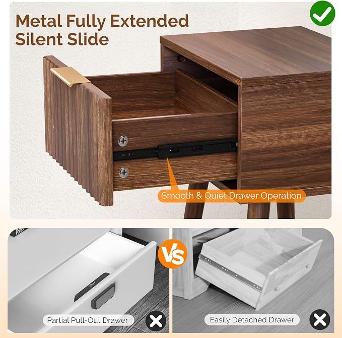 VINGLI Night Stand Set 2, Fluted Nightstands with Drawer, Mid Century Modern Nightstands Set of 2, Bedside Table, End Table, Wood Nightstand for Bedroom, Walnut, 15.75" W*11.81" D*21.85" H