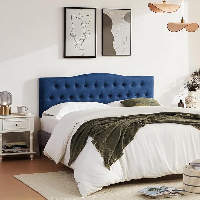 Tufted Headboard Full Size, Solid Wood Adjustable Height Head Board, Blue | Upholstered Full XL Headboard Only with Durable Solid Wood Legs, Adjustable Height 37-51 in, Fabric Button Diamond HeadBoards