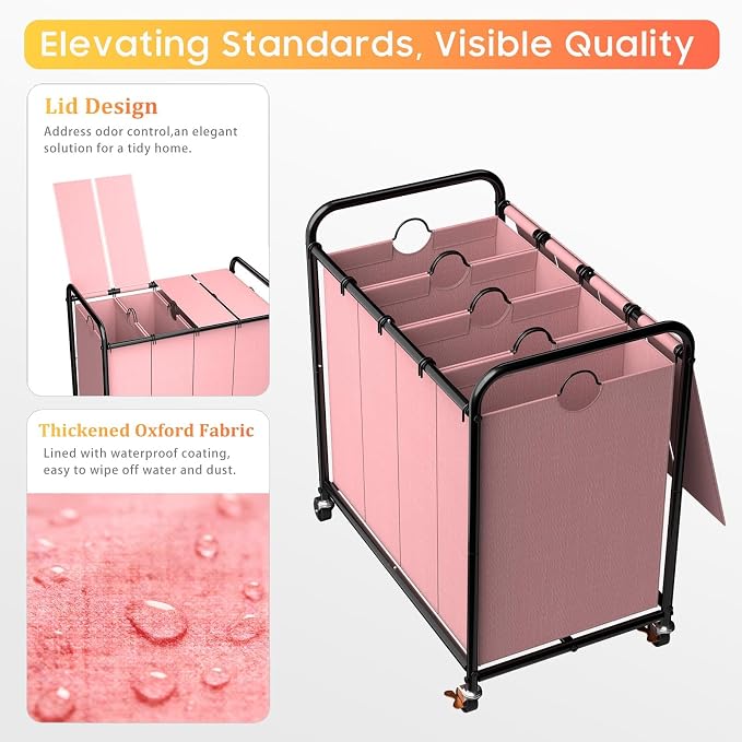 Laundry Sorter 4 Sections 48 Gal, Rolling Laundry Basket with Wheels ＆ Lid | Laundry Hamper, 4 Separated Removable Bags, Lockable Wheels, Dirty Clothes Hamper for Laundry Room Organizer, Pink