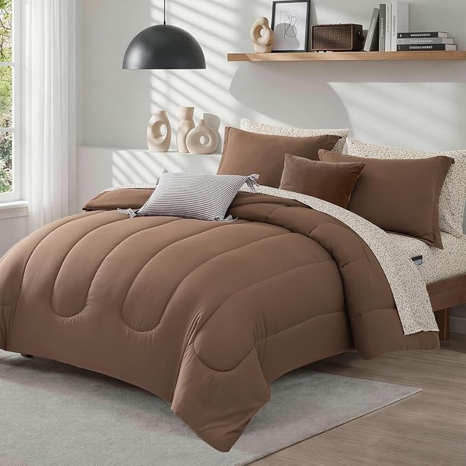 Monbix Full Size Comforter Sets - 7 Pieces Bed in a Bag Full Bedding Set | All Season Brown Lightweight Comforter Bed Set with Printed Sheets, Pillowcases & Shams