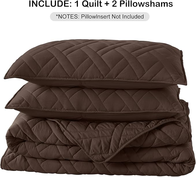 HORIMOTE HOME Quilt Set Queen Size Chocolate, Classic Geometric Diamond Stitched Pattern, Ultra Soft Microfiber Lightweight Bedding Bedspread Coverlet for All Season with 1 Quilt 2 Pillow Shams