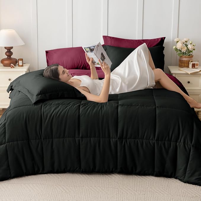 JOLLYVOGUE King Comforter Set, Ultra-Soft Bed in a Bag King Size 7 Pieces, Oeko-TEX Certified Bedding Set with Down Alternative Comforter, Sheets, Pillowcases & Shams, Black & Deep Burgundy
