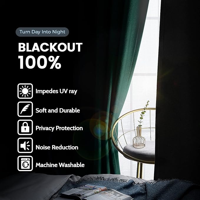 SimpleHome Dark Green 100% Blackout Curtains Room Darkening Living Room 72 | Curtains for Bedroom,Thermal Insulated Grommet Window Drapes,Curtains for Living Room with Black Back,52 x 72 Inch,2 Panels