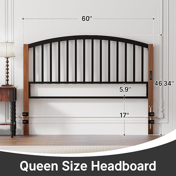 Metal Queen Headboard Only with LED Lights and USB, Cherry Wood Grain | Freestanding queen size headboard; adjustable height; USB charging station; modern bedroom design