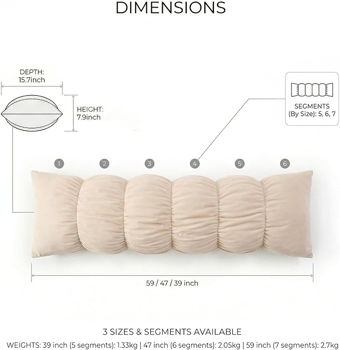 Pat. Pend. Segmented Body Pillow for Side Sleepers, 47 Inch, Beige | Full body pillow for adults with a removable, washable soft velvet cover; long bed pillow design for side sleeping.