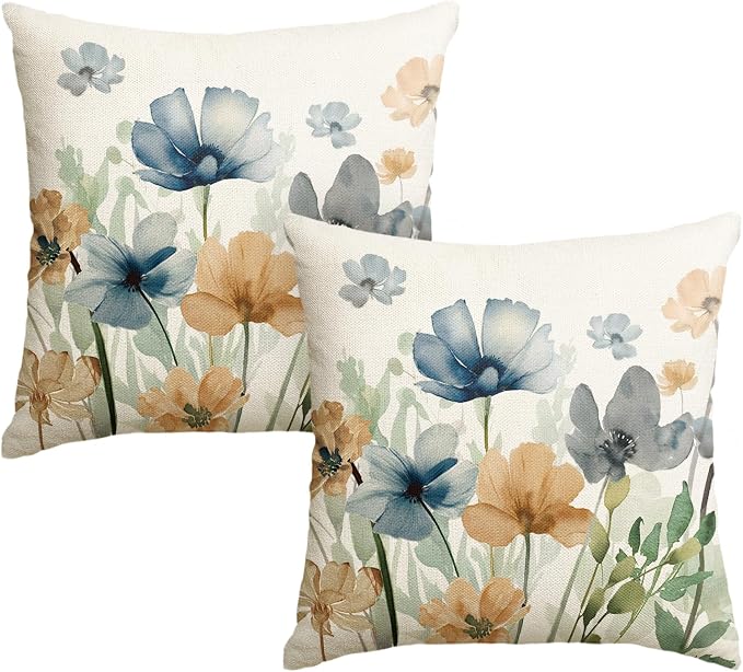 AVOIN colorlife Poppy Chinoiserie Flowers Pillow Covers 18x18 Inch Set of 2 | Light Brown Blue Seasonal Leaves Cushion Case Decoration for Sofa Couch Farmhouse