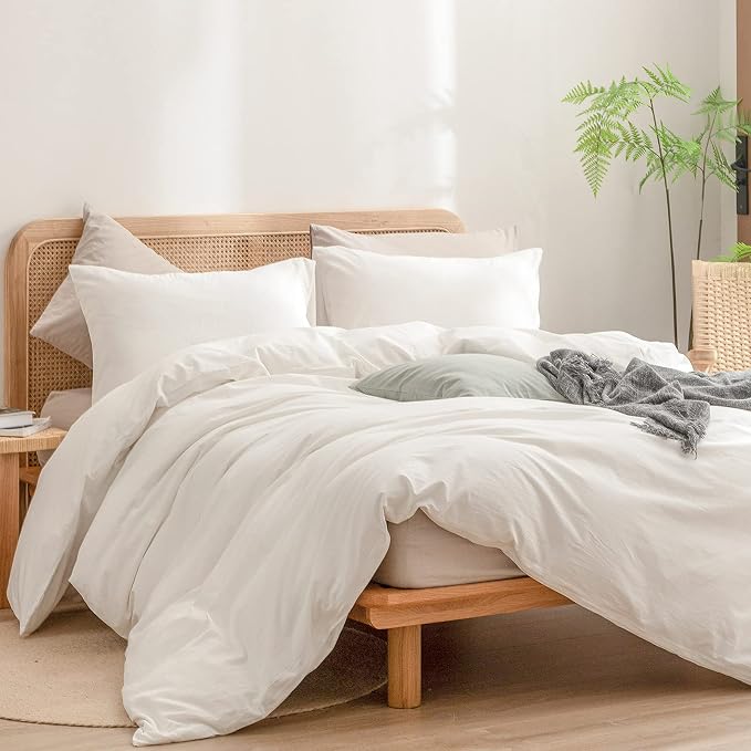 BESTOUCH Cotton Solid Duvet Cover Set Linen Feel Off White California King | 100% Washed Cotton, Soft Wrinkle Texture, Hidden Zipper, 8 Ties, Breathable Lightweight Durable Comfy, 3 Pcs No Insert