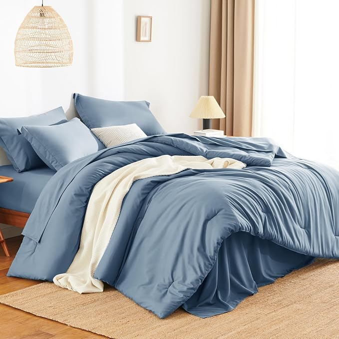 HIMEET Full Comforter Set, 7-Piece Point-Quilted Bed in a Bag, Grayish Blue | OEKO-TEX Certified, Lightweight 240 GSM Comforter, Flat Sheet, 14-Inch Deep-Pocket Fitted Sheet, Pillowcases & Shams