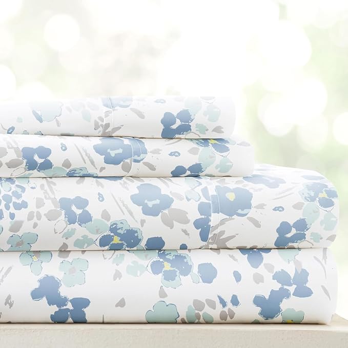 Linen Market Patterned Microfiber Queen Sheet Set 4 Piece – Oeko-TEX Certified Ultra Soft & Wrinkle-Free - 16" Deep Pocket Sheets - Easy Care Queen Size - Violets Light Blue
