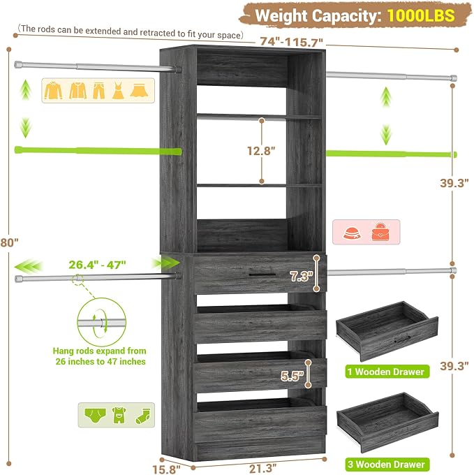 Aheaplus Closet System,4-9Ft Closet Organizer with 4 Wood Drawers,Black Oak | Wood Closet Organizer System with Tower, Walk-in Closet Organizer Wardrobe Clothes Rack with 4 Hanging Rods, Garment Rack