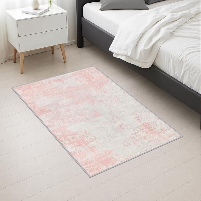 2x3 Washable Entryway Rug: Modern Abstract Soft Carpet Pink White | For Entrance, Bedroom, Kitchen, Laundry, Bathroom,Door Mat,Modern Abstract,Machine washable,Non-Slip,Stain Resistant,Indoor