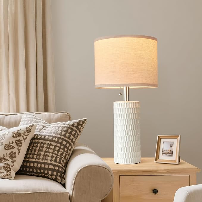 Reaketon 20.5" Modern Ceramic Table Lamps for Bedroom Set of 2, Bedside Lamps for Night Stands with Beige Lampshade, Farmhouse Table Lamp for Living Room Office Dorm, White