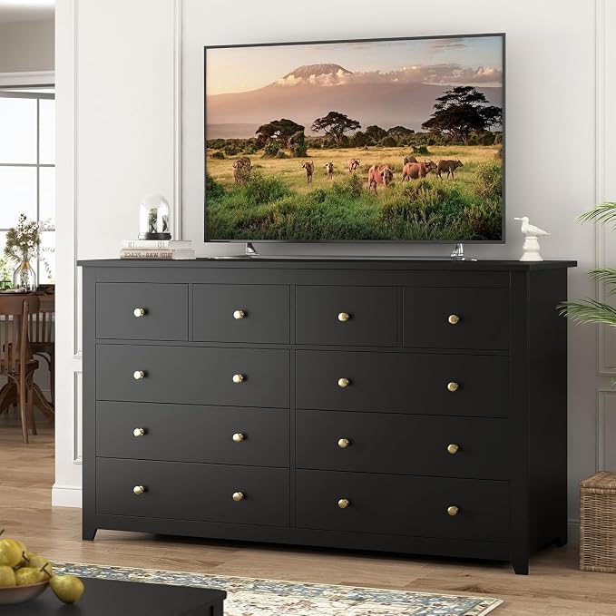 EnHomee Black Dresser for Bedroom with 10 Drawer, Multi-Layer Organization | Modern Wood Chest, 52"W TV Stand Versatile for Living Room Entryway Closet, Metal Frame and Handles, Smooth Glides, Anti-Tip