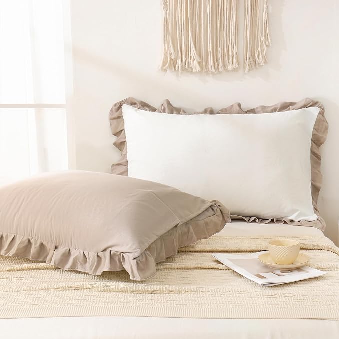 Merryword Taupe Pillow Shams White and Taupe Reversible King Pillowcases Cute Pillow Cover Set of 2 Soft Shabby Chic Ruffled Pillowcases 2 Pack (King (20''x36''), White Taupe)