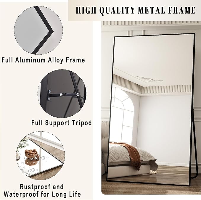 BEAUTYPEAK 77"x38" Rectangle Full Body Floor Mirrors, Full Length Mirror | Hanging or Leaning, Aluminum Alloy Frame Wall Mirror for Bedroom, Dressing Room, Black