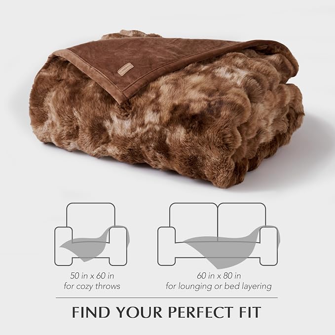 EverGrace Faux Rabbit Fur Bubble Throw Blanket, 60"x80", Lion Caramel | Ultra Soft, Luxury Faux Rabbit Fur Throw, Thick Warm Bubble Blanket, Cozy Fluffy Reversible, for Bed, Couch, Chair, Sofa