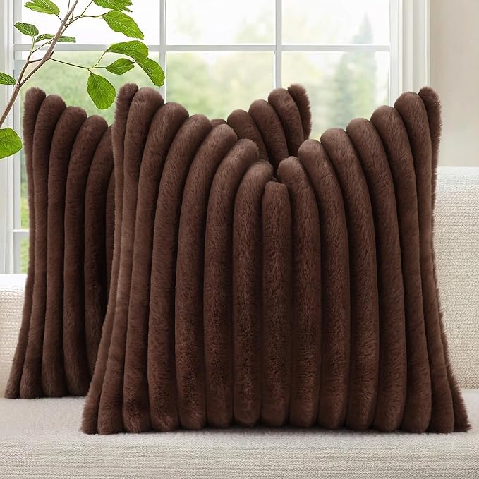 decorUhome Fall Faux Fur Throw Pillow Covers 26x26 Set of 2 Dark Brown | Decorative Soft Cozy Striped Plush Modern Farmhouse Boho Couch Pillow Cases Velvet Back for Sofa Bed Living Room Home Decor