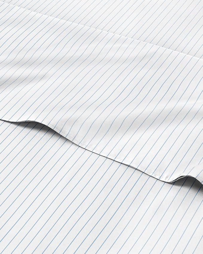 King 4 Piece Striped Sheet Set - Breathable & Cooling - Sky Blue Pinstripe | 1 Flat, 1 Fitted & 2 Pillowcases w/ Deep Pockets, Luxury Striped Bedding, Soft, Breathable & Cooling, Wrinkle & Fade Free