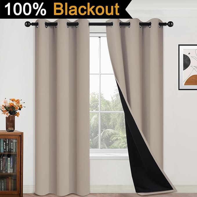 Yakamok Natural Blackout Curtains 84 Inches Long for Bedroom 42" Wide 2 PCS | Blackout Curtain Panels for Bedroom, 2 Thick Layers Grommet Top Thermal Insulated Drapes with Black Liner for Living Room