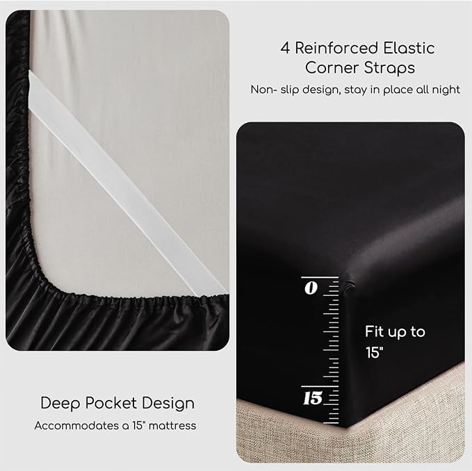 MR&HM Satin Sheets Queen Size with Elastic Corner Straps, Black | Similar to Silk, 4-Piece Silky Soft Bed Sheet Set, Gentle on Skin and Hair, 15" Deep Pocket, Cooling & Breathable