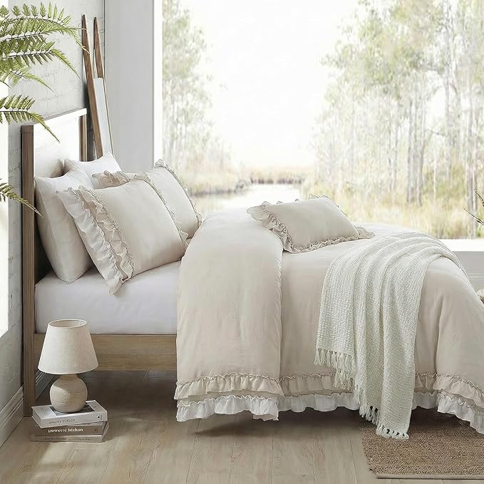 Bedorm Beige Duvet Cover Set King Ruffle Bedding Set Pleat Ruffled Shabby Chic Comforter Cover Extra Soft & Easy Care White Boho Duvet Cover with Zipper Closure