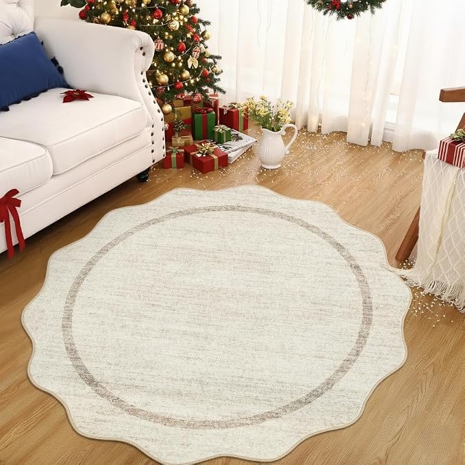 GarveeHome Scalloped Washable Round Rugs Non-Slip Round Rug 4 ft, Beige | Soft Ultra-Thin Small Boho Circle Stain Resistant Low Pile Carpet for Entryway Kitchen Bedroom Nursery Bathroom